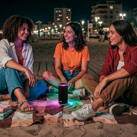 SPC Orbital Glow Altavoz Bluetooth 25W Portátil, 20h Batería, Resistente al Agua IPX6, Sonido Estéreo TWS, Luces LED Sincronizadas, Modelo 4435N